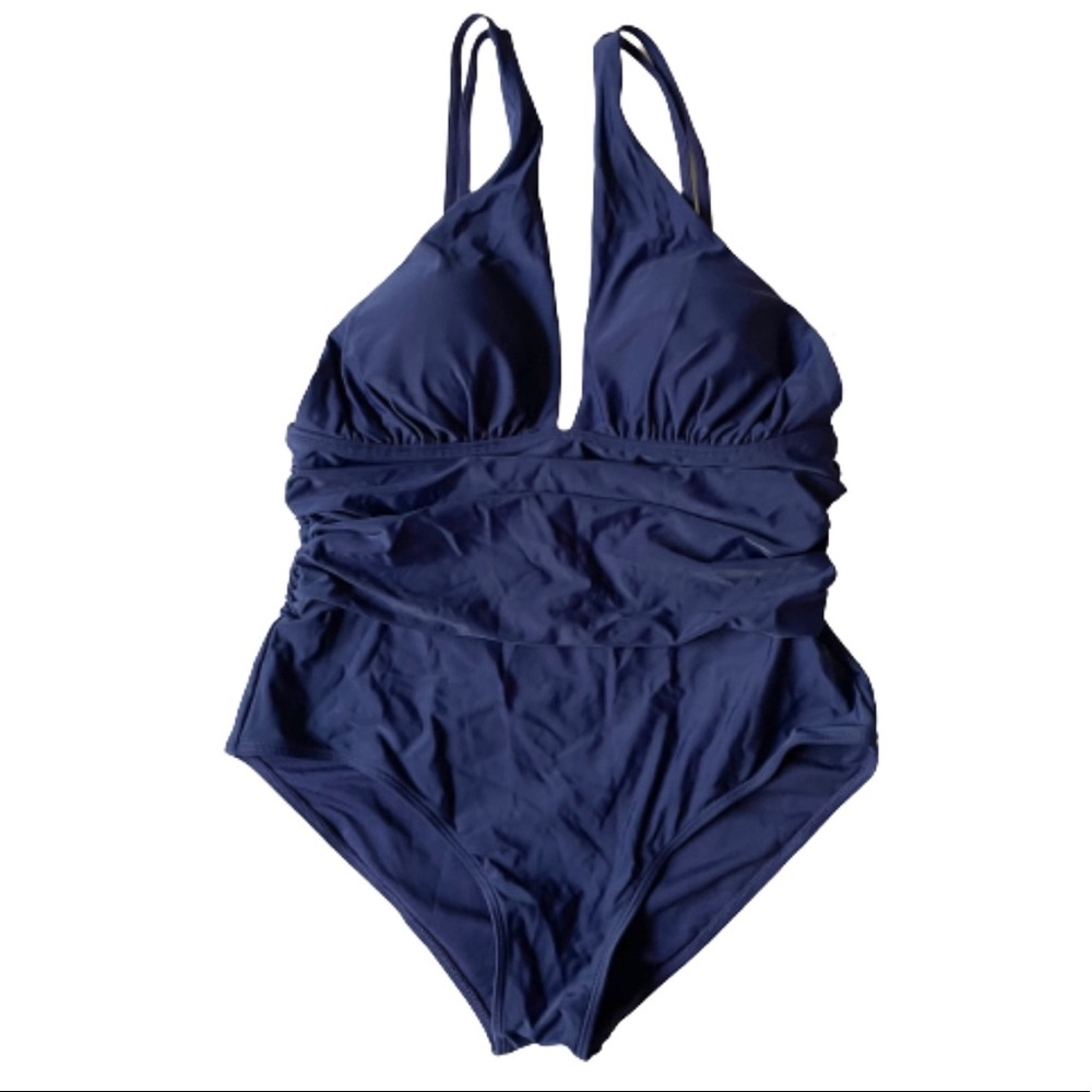 Navy blue one piece double strap ruched front swimsuit size large